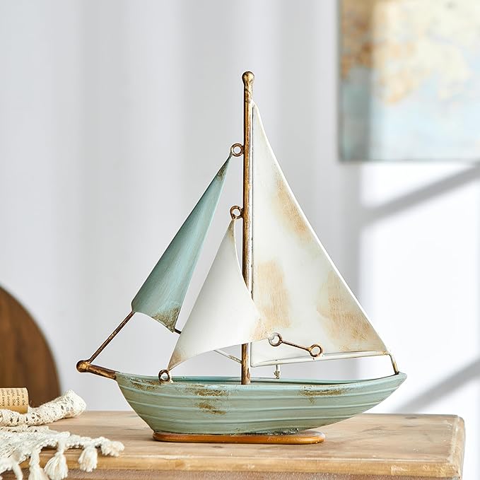 Retro Metal Sailboat Decor, Iron Nautical Sculpture for Home, Vintage Boat Figurine for Living Room Table, Office Desk, Bookshelf, Coastal Style Decoration (Blue & White)