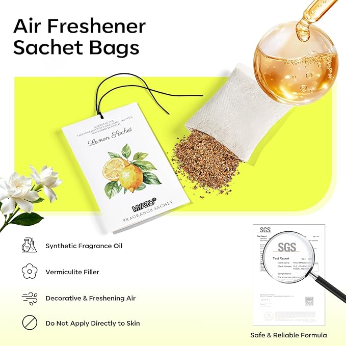 MYARO 12 Packs Lemon Scented Sachets for Drawer Closet Bathroom Odor Eliminator - Fresh Home Fragrance Car Air Frehener