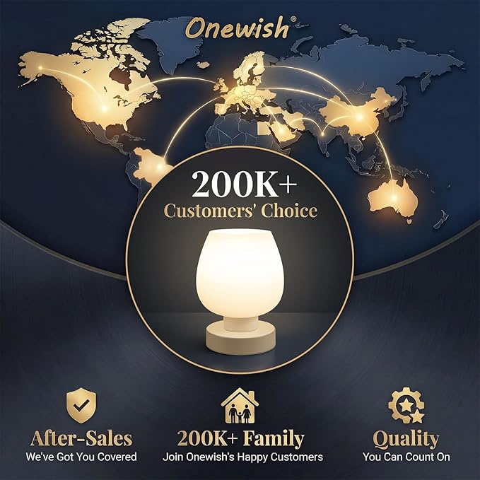 ONEWISH Small Bedside Lamp for Bedroom, 3-Way Dimmable Touch Control, 600 Lumen Bright Opal Glass Shade, 7.5 Inch Ultra Compact Nightstand Lamp, Warm White 2700K LED Bulb Included, Modern Design
