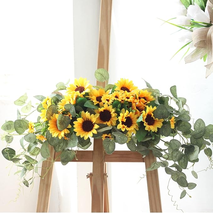 Artificial Sunflower Swag,Handmade Floral Garland Decorative Swag with Green Leaves,Handmade Floral Wreath Decorative Sunflower Wreath,Hanging Arch Garland