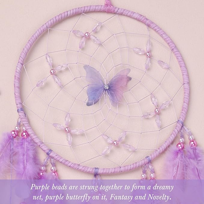 Pretty Jolly Dreamy Girls Butterfly Dream Catcher Wall Decor Fairy Purple Feather Baby Dreamcatcher Handmade Home Décor Wall Hanging for Nursery Bedroom Girls Birthday Gift