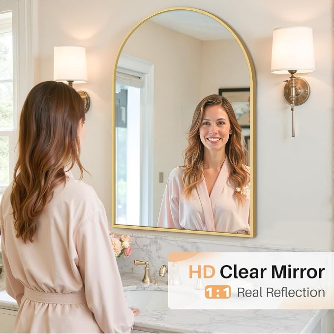 Bathroom Mirror for Wall, 36x24 Inch Arched Mirror, Matte Gold Metal Framed Bathroom Vanity Mirror for Restroom Farmhouse, Anti-Rust, Tempered Glass, Hanging or Leaning