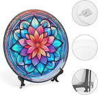 Decorative Plates for Wall Hanging, Mandala Flower Glass Painting Ceramic Plate w/Display Stand, Home Decor for Kitchen Cabinets, Farmhouse Round Tray 8 Inch, Gift for Family Friends