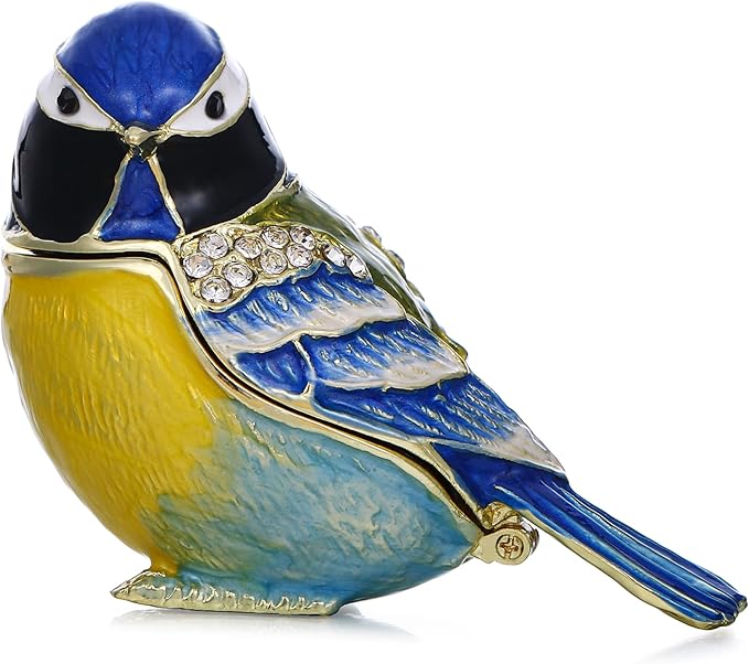 Hand Painted Trinket Box for Home Decor Accents, Enamel Hinged Jewelry Box for Bookshelf Office Table Desk Decoration, Classical Figurine Collectible Keepsake Animal Sculptures (Blue Jay)