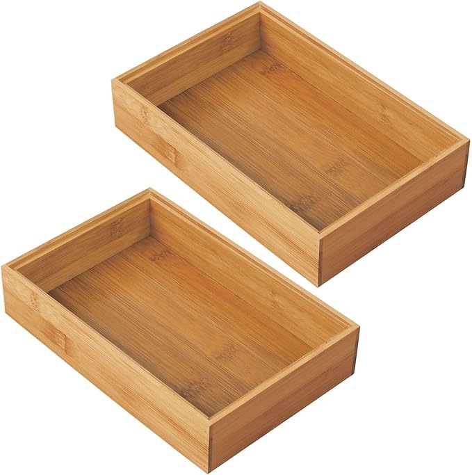 mDesign Pack of 2 Functional Drawer Organiser — Elegant Bamboo Kitchen Drawer Divider for Cutlery, Silverware, Utensils – Convenient Drawer Separator – Light Brown