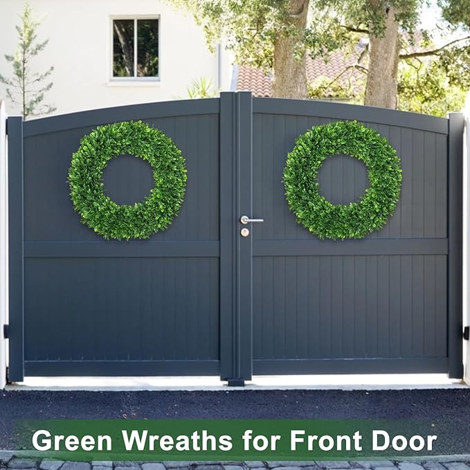 26Inch Boxwood Wreaths for Front Door，Summer Wreaths for Front Door Outside Realistic，Front Door Wreath Outside All Season，Artificial Green Wreath for Farmhouse Porch Wall Wedding Room Home Decor