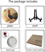 Rooster Decorative Plates, 6 Inch, Crowing Cock Round Display Plate, Table Top Plate Decor with Stand, for Home Kitchen Bedroom Decorative Ornaments