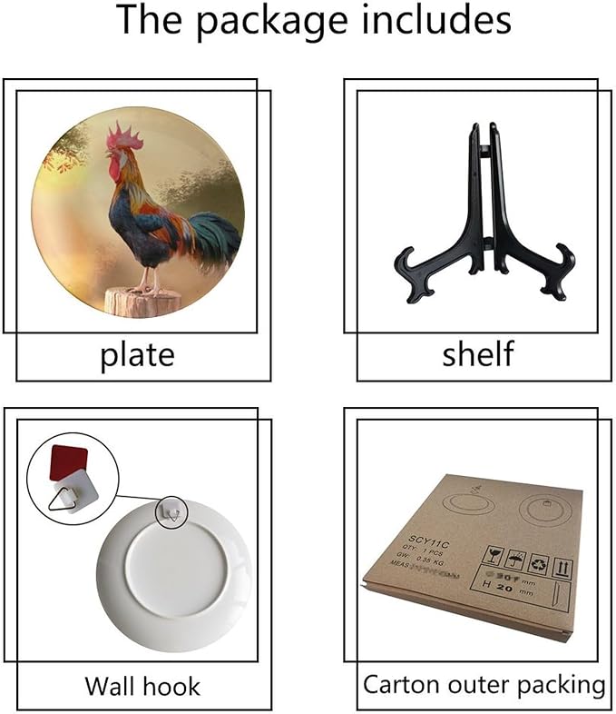 Rooster Decorative Plates, 6 Inch, Crowing Cock Round Display Plate, Table Top Plate Decor with Stand, for Home Kitchen Bedroom Decorative Ornaments