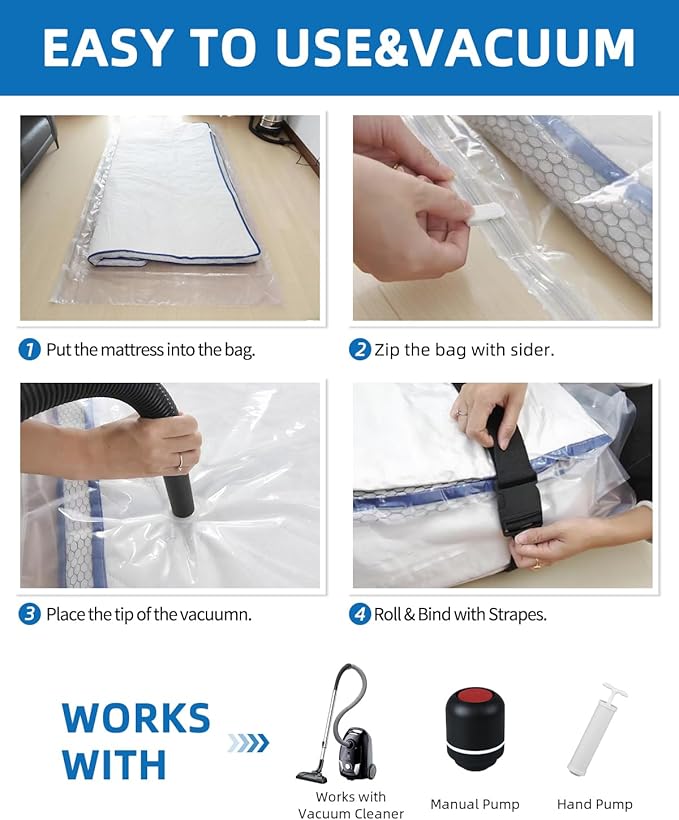 Vacuum Storage Bags for moving, Vacuum Seal Bags for Memory Foam, Latex, Clothing & Bedding, Space Saver Bags(1 Queen/Full/Full-XL)