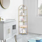 Homhedy 5-Tier Corner Shelf Stand, Metal Corner Bookshelf, Tempered Glass Shelves, Bathroom Storage Rack Shelf, Plant Stand, Modern Style, Golden