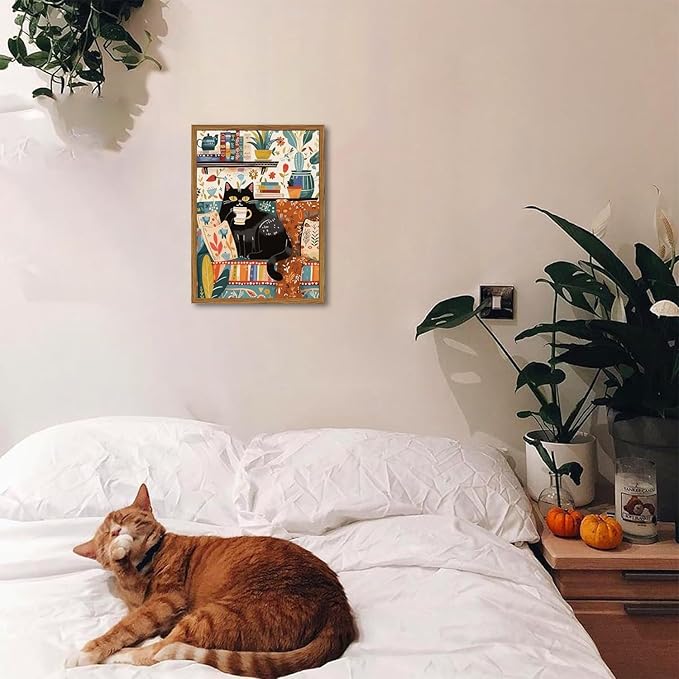 Framed Funny Black Cat Canvas Wall Art, Cute Cat Drinking Coffee on Sofa Pictures Wall Decor, Eclectic Animal Paintings Prints Boho Home Decor for Living Room Cafe Kitchen Bar 12x16 inch