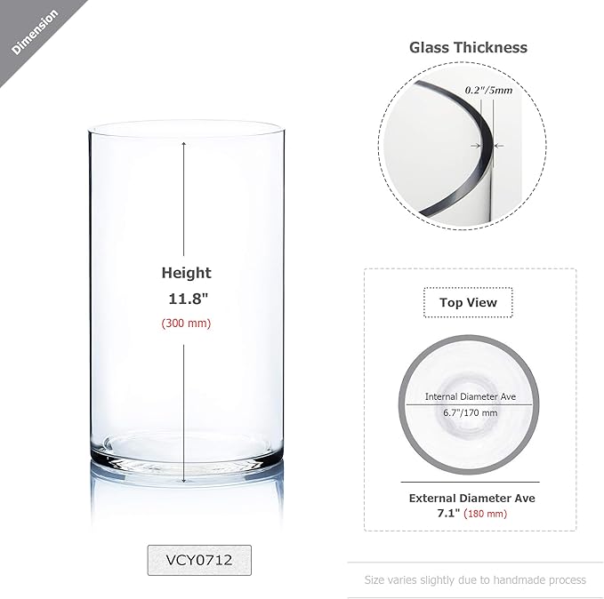 WGV Cylinder Vase, Width 7", Height 12", Clear Wide Large Diameter Flower Glassware, Floral Container, Planter Terrarium for Wedding Party Event, Home Accent Decor, 1 Piece