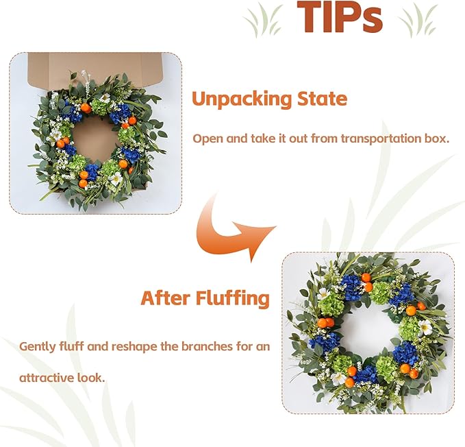 Idyllic 26 Inch Spring Summer Wreath for Front Door - Blue Green Hydrangea Wreath with Orange Berries and White Flowers, Foldable Base for Indoor Outdoor Decor