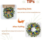 Idyllic 26 Inch Spring Summer Wreath for Front Door - Blue Green Hydrangea Wreath with Orange Berries and White Flowers, Foldable Base for Indoor Outdoor Decor
