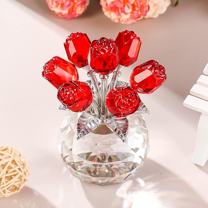 Ornalrist Crystal Red Rose Figurines Gifts for Women, Glass Bouquet Ornament for Mother's Day Birthday Christmas Ruby Collectible Flowers Anniversary Floral Presents for Her (Red)