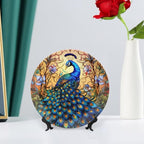 Decorative Plates, Stained Glass Design Peacock & Flower Ceramic Dinner Plate Home Wobble-Plate with Display Stand, Wall Hanging Decor for Kitchen Household 7 Inch, Gifts for Peacocks Lover