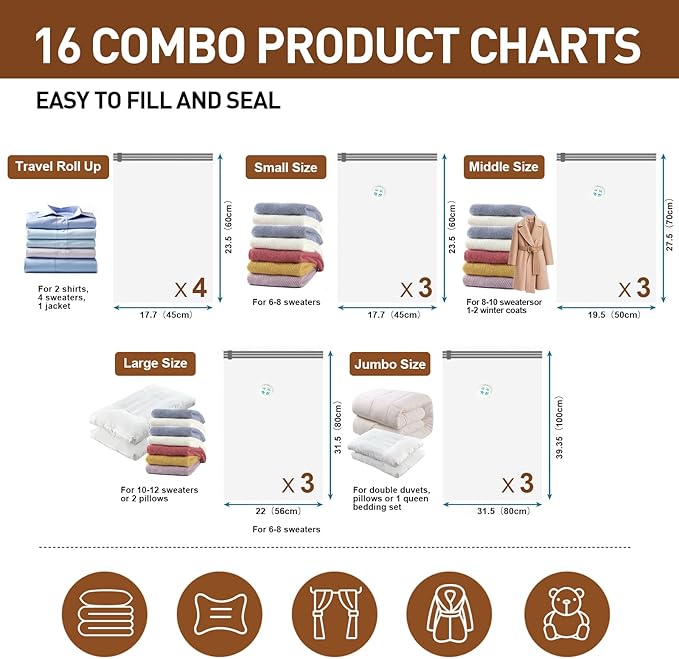 Vacuum Seal Bags for Clothing Travel, 16 Pack (3 Jumbo/3 Large/3 Medium/3 Small/4 Roll) Vacuum Storage Bags with Portable Electric Pump, Space Saver Bags for Luggage, Suitcase, Clothes, and Blankets