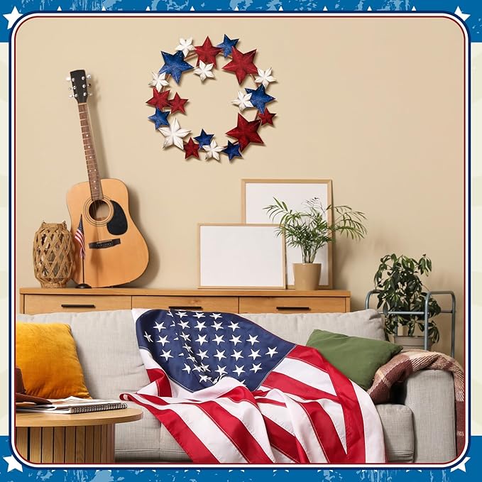 MorningRo Metal Patriotic Wreaths for Front Door 250th Anniversary Red White Blue Star 4th of July Wreaths Independence Day Hanging Vintage Rustic Independence Day Welcome Sign for Porch Wall Home