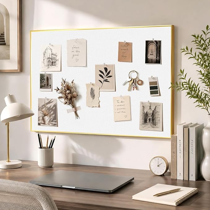 Linen Bulletin Board 24 x18 Inches, White Pin Board Vision Board, Gold Aluminum Framed Fabric Cork Board for Home Office Wall Decor, 10 Push Pins