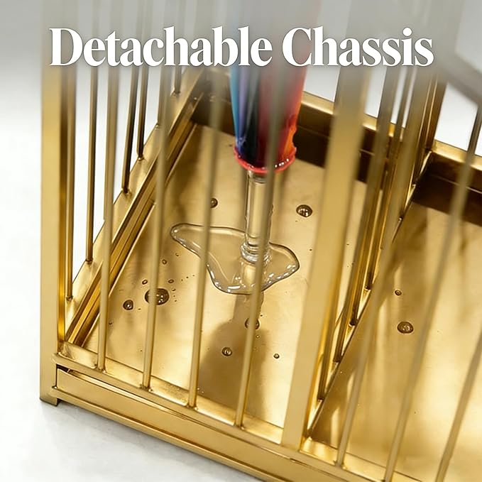 Indoor Gold Umbrella Stand with Drip Tray, Minimalist Luxury Design, Stylish Gold Umbrella Holder for Entryway, Living Room, Hotel, Easy to Clean & Space-Saving