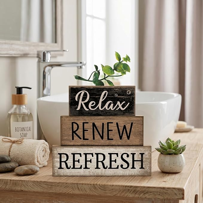 Moucuny 4 Pcs Bathroom Shelf Decor Sign Farmhouse Bathroom Decor and Accessories Rustic Eucalyptus Leaves Block Sign Gift Relax Renew Refresh Farmhouse Table Centerpiece for Home Office Toilet