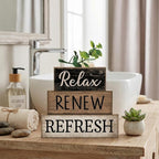 Moucuny 4 Pcs Bathroom Shelf Decor Sign Farmhouse Bathroom Decor and Accessories Rustic Eucalyptus Leaves Block Sign Gift Relax Renew Refresh Farmhouse Table Centerpiece for Home Office Toilet