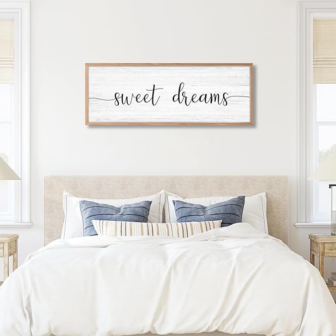 Sweet Dreams Wall Decor Above Bed 41.3''×15'' Large Farmhouse Wall Decor for Bedroom Guest Room Decor Framed Wood Wall Art Rustic Master Bedroom Wall Decoration (brown frame)