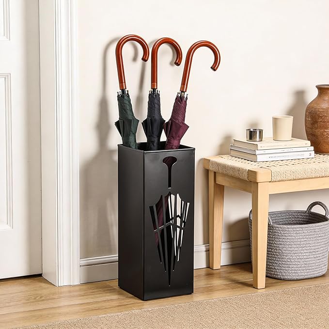 Square Metal Umbrella Stands, Umbrella Holder Rack for Entryway, Canes Walking Sticks Storage Bin Freestanding for Home Office Indoor Hotel Shop, 6.5" x 6.5" x 16.5", Black