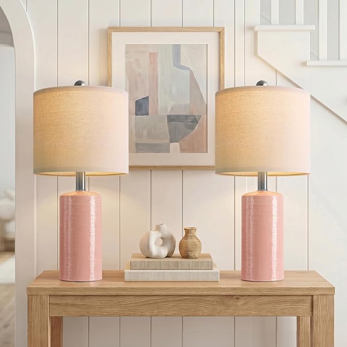 G-SAFAVA 20.5" Small Table Lamps for Living Room Lamp Set of 2 Ceramic Lamps for Bedroom Bedside Lamps Modern Boho Lamps for Night Stands Farmhouse Nightstand Lamp Side End Table Lamp, Pink