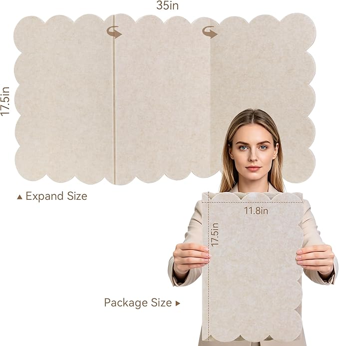 Lightomorrow Scalloped Bulletin Board, 35 x 17.5 Inches Felt Pin Board - Decorative Cork Alternative for Wall, Foldable Picture Self-Adhesive Vision Prayer Board with 20 Pushpins - Oatmeal