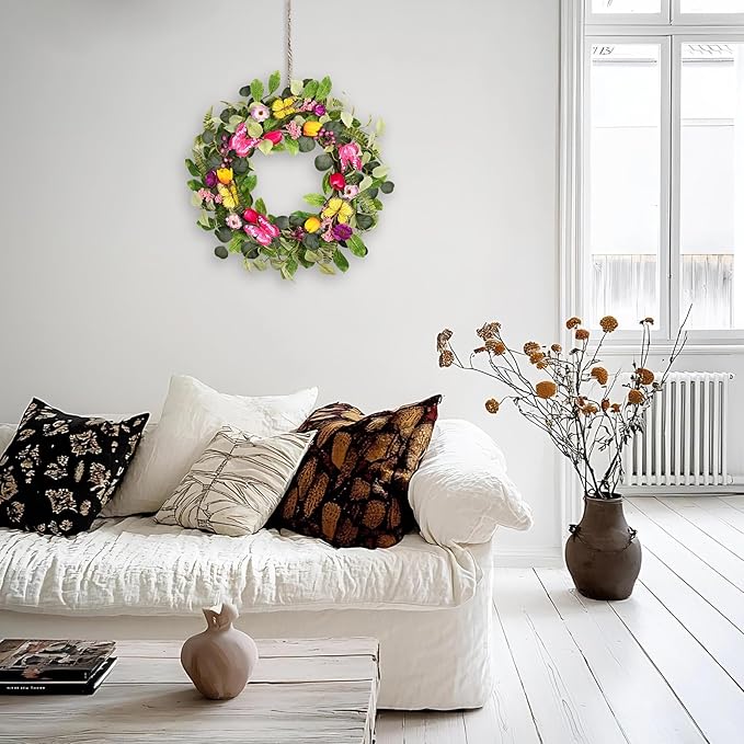 20 Inch Spring Floral Wreath with Butterflies & Berries - Artificial Tulip Eucalyptus Front Door Wreath for Year Round Home Decor, Spring, Summer, Mother's Day, Farmhouse Porch & Home Decor