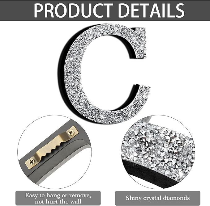 Qunclay 12'' Silver Crystal Diamond Bling Letters Crushed Diamond Decoration Wooden Glitter Letter with Screw and Hooks Rhinestone Gift for Wedding Y2k Mcbling Bedroom Wall Decor (Letter C)