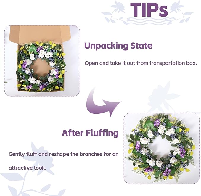 Idyllic 24 Inch Spring Summer Wreath for Front Door - Artificial Blueberry Bunch Wreath with White Purple Flowers Floral Decor for Window Mantel Wedding Indoor Outdoor Home Decoration
