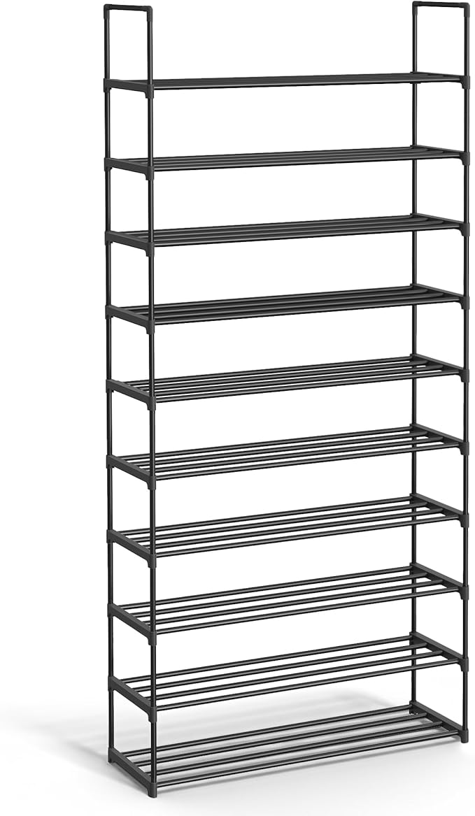 SONGMICS Shoe Rack, 10-Tier Shoe Organizer, Metal Storage Shelf, Upright or Upside Down, for 44-55 Pairs, for Entryway, 11.8 x 36.2 x 68.1 Inches, Black ULSA011B01