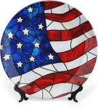 Stars and Stripes Theme Decorative Ceramic Plate Round Porcelain Plate,8 inch,American Stained Glass Pattern,for Decorative Ornaments Giving Plates,1 Plate with 1 Display Stand,Red Blue