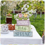 Moucuny 4 Pcs Spring Table Decorations Wooden Stacked Block Sign with Tulip Decor - "spring Has Sprung" Centerpiece Rustic Easter Tiered Tray Decorations Flower Signs for Home Kitchen Tabletop Mantel