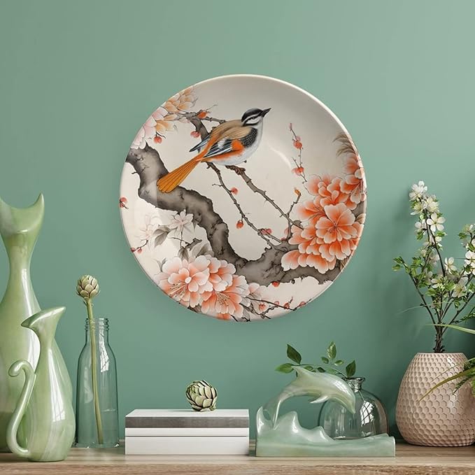 Decorative Plates, Bird & Peony Flower Chinese Meticulous Painting Display Plate for Home Office Kitchen Table Decor Porcelain Plates 6 Inch, Birthday Gifts