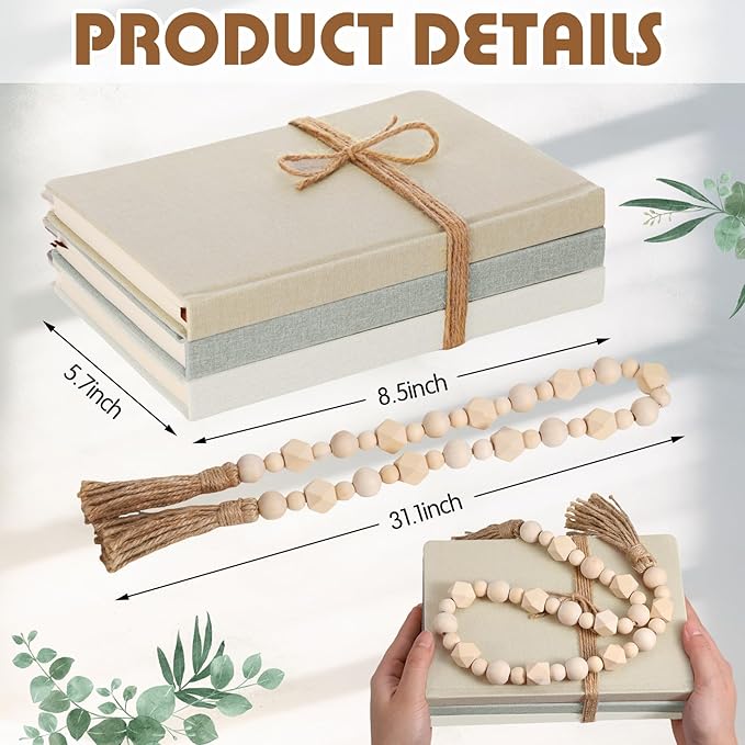 Feifeiya 3 Pieces Faux Decorative Books Set for Home Decor Fake Book for Shelves Coffee Table Stacked Linen Covered Display Notebook with Wood Bead Bookend Gift for Living Room(Light Green)