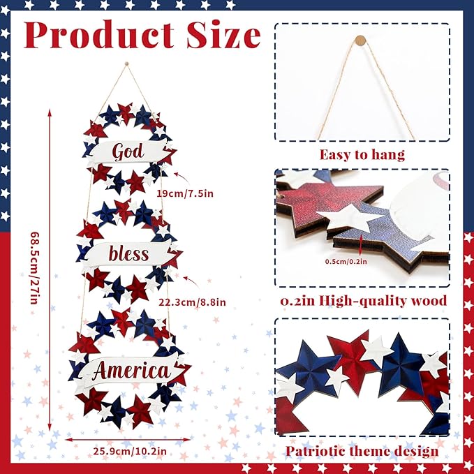Peryiter 4th/Fourth of July Decoration 27 Inch Patriotic Wreath for Front Door Wooden Red White and Blue Star Sign Memorial Day God Bless America Decor for Porch Wall Outside, Assembly Required