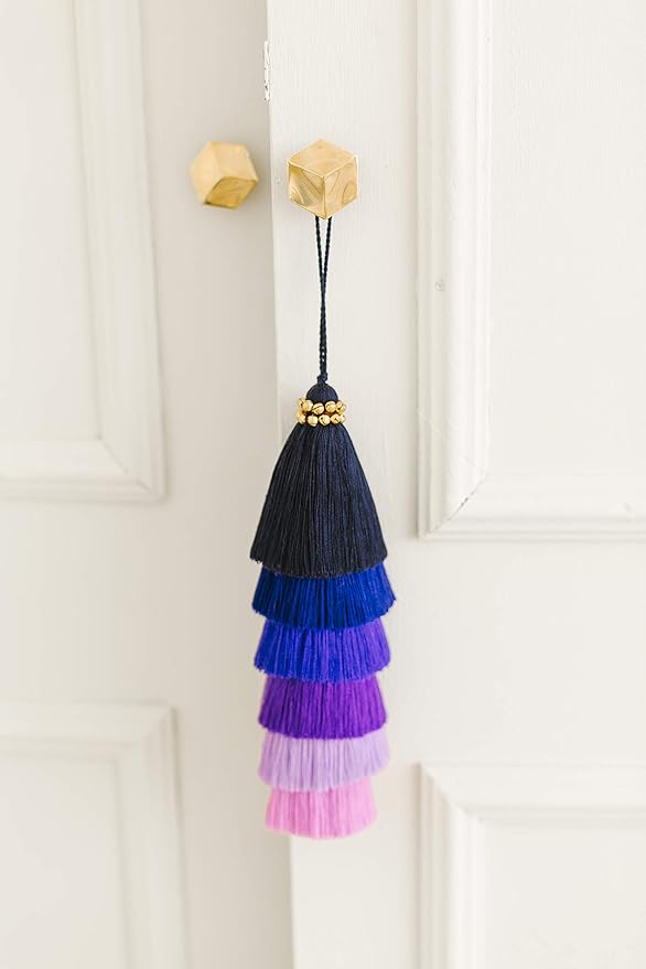 Multi-Colored Layered Large Cotton Tassel with Hanging Loop for Furniture Décor, Home or Handbag Accessory (Blue)