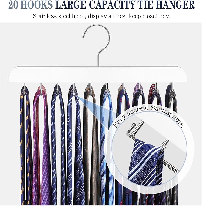 Tie Rack Belt Hanger for Closet Fitnice Upgraded Non Slip Tie Hanger Space Saving with 20 Foldable Hooks Wooden Belt Tie Organizer for Tank Tops Bras Cami Scarves