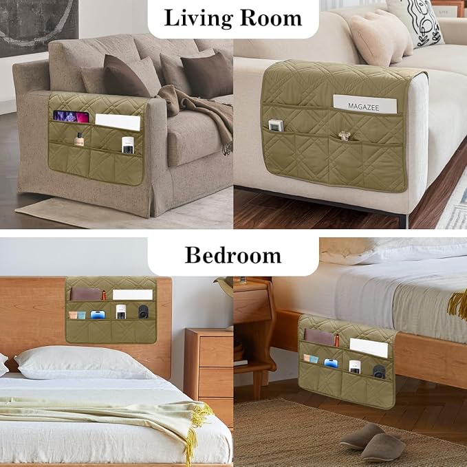 Couch Armrest Organizer Remote Control Holder Bedside Caddy with 6 Pockets, Non-Slip Armchair Caddy Sofa Armrest Organizer for Tv Remote Control, Magazine, Cell Phone, Dark Khaki