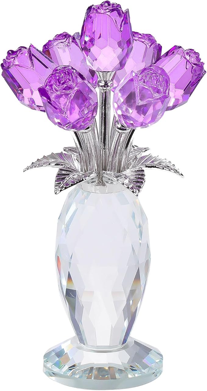 Movdyka Crystal Purple Rose Flower Figurine, Glass Roses Flower Bouquet Ornament Home Decor, Mother's Day Valentine's Christmas Wedding Romantic Gifts for Women Mom Wife Girlfriend
