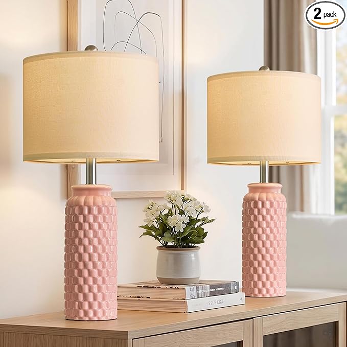 USumkky 24" Modern Ceramic Pink Bedside Lamp Set of 2 Table Lamp for Bedroom Decor Farmhouse Table Lamp for Living Room Office Dorm