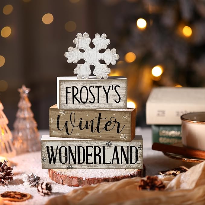 Lineshading 4 Pcs Winter Table Decorations Wooden Snowflake Decor Winter Tiered Tray Decor Rustic Snow Block Signs Gift Farmhouse Snowflake Table Centerpiece for Wonderland Party Kitchen Home