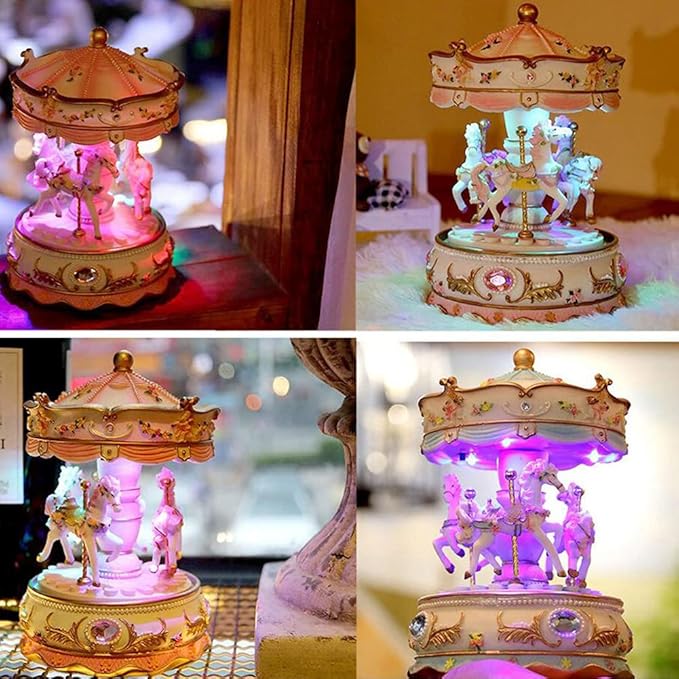 Carousel Music Box with 3 Rotating Horses, Color-Changing LED Lights, Wind-Up Clockwork 18-Note Melody, Small Resin Tabletop Decor, 5.9" Tall x 3.93" Dia (Purple)