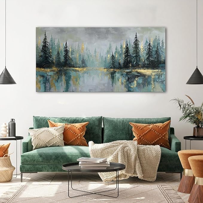 Green Forest Wall Art Vintage Fog Pine Trees Landscape Wall Decor Nature Green and Gold Forest Lake Scenery Canvas Prints Pictures Farmhouse Artwork for Kitchen Living Room Home Decorations 35x70"