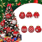 12Pcs Red and White Christmas Ball Design Hanging Wooden Ornaments Set - Festive Winter Holiday Tree Decorations with Merry Christmas Snowflakes, Reindeer, Santa Designs