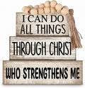Lineshading 4 Pcs Christian Table Decor Rustic Christian Stacked Wooden Sign Inspirational Religious Desk Decor with Beaded Garland Tassel Farmhouse Christ Tiered Tray Decorations for Home Office