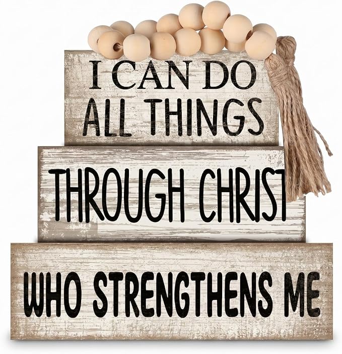 Lineshading 4 Pcs Christian Table Decor Rustic Christian Stacked Wooden Sign Inspirational Religious Desk Decor with Beaded Garland Tassel Farmhouse Christ Tiered Tray Decorations for Home Office